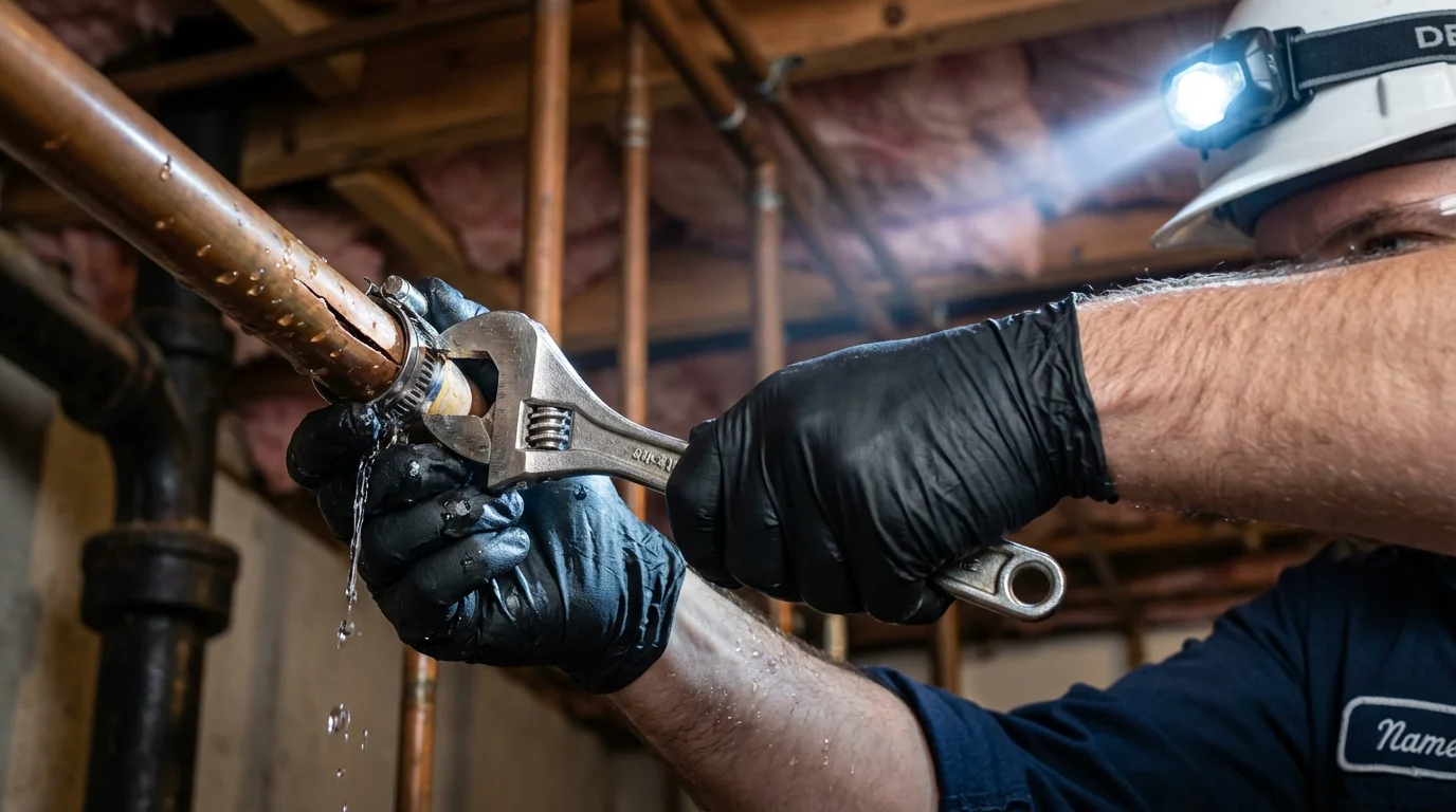 Emergency pipe clamp repair being performed by a Johns Plumbing LLC plumber in Sallisaw